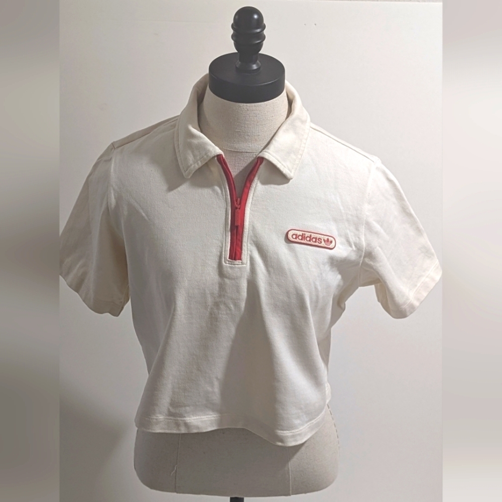 Adidas Cropped Cream Polo Shirt with Red Accents